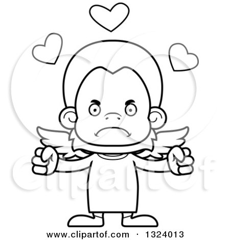Lineart Clipart of a Cartoon Black and White Mad Orangutan Monkey Cupid - Royalty Free Outline Vector Illustration by Cory Thoman