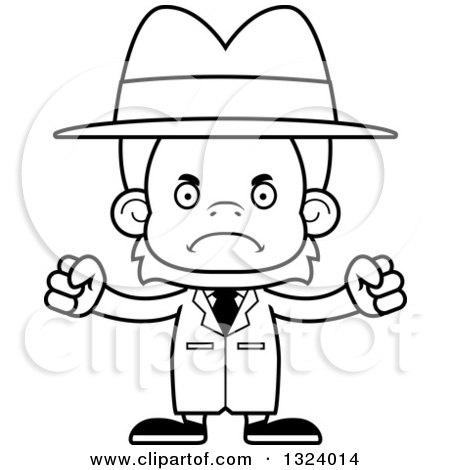 Lineart Clipart of a Cartoon Black and White Mad Orangutan Monkey Detective - Royalty Free Outline Vector Illustration by Cory Thoman