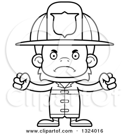 Lineart Clipart of a Cartoon Black and White Mad Orangutan Monkey Firefighter - Royalty Free Outline Vector Illustration by Cory Thoman