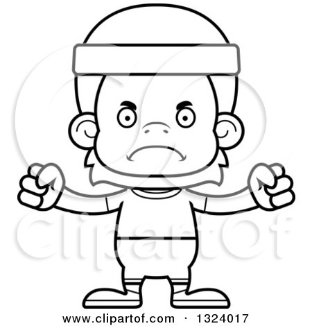 Lineart Clipart of a Cartoon Black and White Mad Fitness Orangutan Monkey - Royalty Free Outline Vector Illustration by Cory Thoman