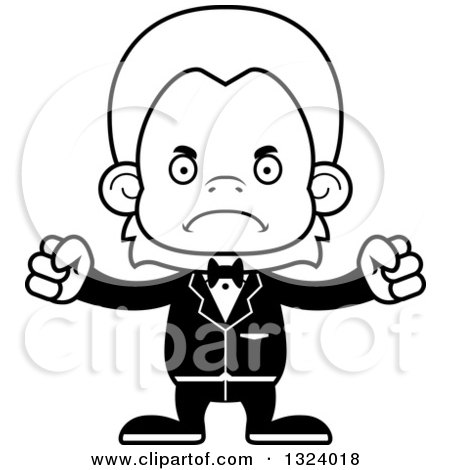 Lineart Clipart of a Cartoon Black and White Mad Orangutan Monkey Groom - Royalty Free Outline Vector Illustration by Cory Thoman