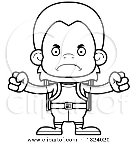 Lineart Clipart of a Cartoon Black and White Mad Orangutan Monkey Hiker - Royalty Free Outline Vector Illustration by Cory Thoman