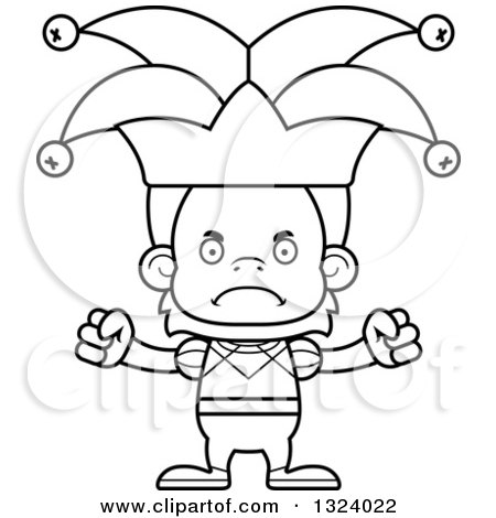 Lineart Clipart of a Cartoon Black and White Mad Orangutan Monkey Jester - Royalty Free Outline Vector Illustration by Cory Thoman