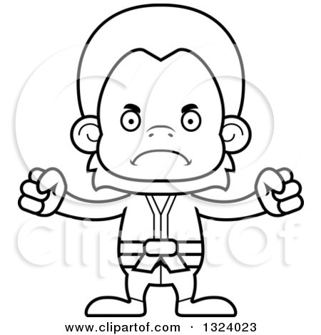 Lineart Clipart of a Cartoon Black and White Mad Karate Orangutan Monkey - Royalty Free Outline Vector Illustration by Cory Thoman