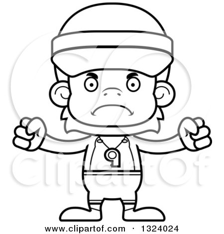 Lineart Clipart of a Cartoon Black and White Mad Orangutan Monkey Lifeguard - Royalty Free Outline Vector Illustration by Cory Thoman