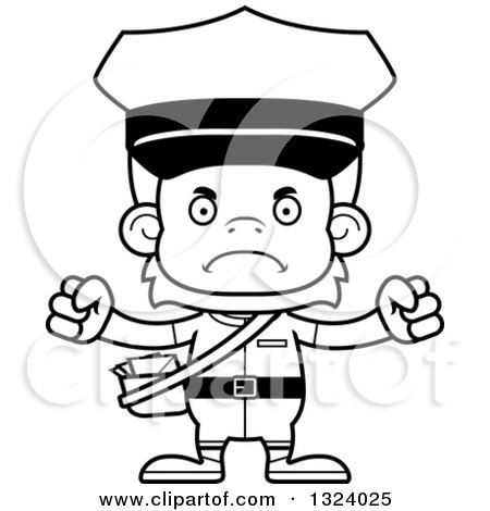 Lineart Clipart of a Cartoon Black and White Mad Orangutan Monkey Mailman - Royalty Free Outline Vector Illustration by Cory Thoman
