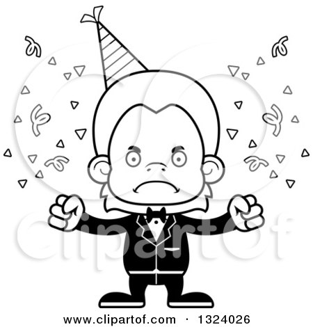 Lineart Clipart of a Cartoon Black and White Mad Orangutan Party Monkey - Royalty Free Outline Vector Illustration by Cory Thoman