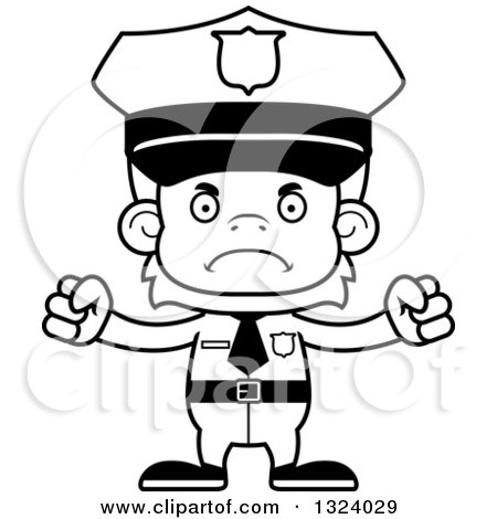 Lineart Clipart of a Cartoon Black and White Mad Orangutan Monkey Police Officer - Royalty Free Outline Vector Illustration by Cory Thoman