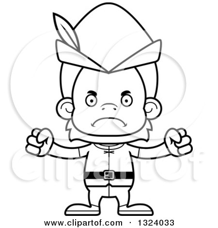 Lineart Clipart of a Cartoon Black and White Mad Robin Hood Orangutan Monkey - Royalty Free Outline Vector Illustration by Cory Thoman