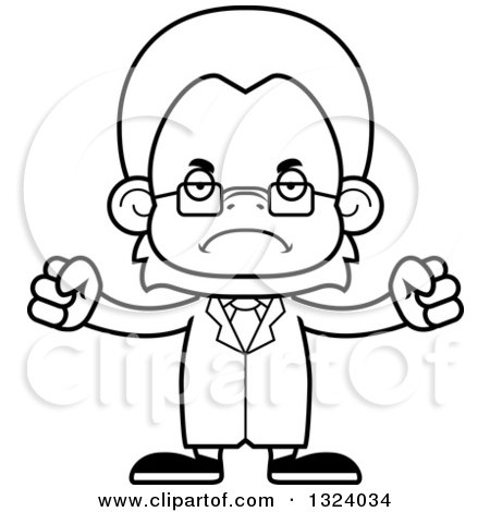 Lineart Clipart of a Cartoon Black and White Mad Orangutan Monkey Scientist - Royalty Free Outline Vector Illustration by Cory Thoman