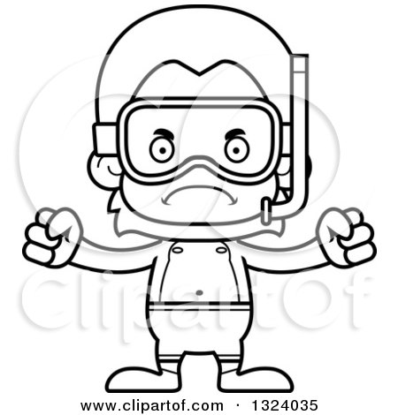Lineart Clipart of a Cartoon Black and White Mad Orangutan Monkey in Snorkel Gear - Royalty Free Outline Vector Illustration by Cory Thoman