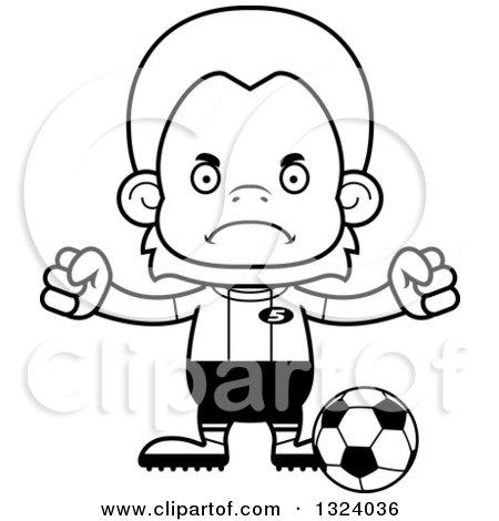 Lineart Clipart of a Cartoon Black and White Mad Orangutan Monkey Soccer Player - Royalty Free Outline Vector Illustration by Cory Thoman