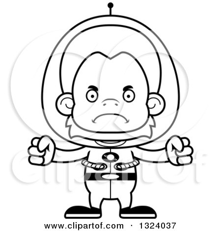 Lineart Clipart of a Cartoon Black and White Mad Futuristic Space Orangutan Monkey - Royalty Free Outline Vector Illustration by Cory Thoman