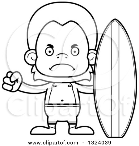 Lineart Clipart of a Cartoon Black and White Mad Orangutan Monkey Surfer - Royalty Free Outline Vector Illustration by Cory Thoman
