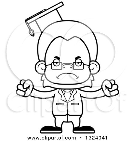 Lineart Clipart of a Cartoon Black and White Mad Orangutan Monkey Professor - Royalty Free Outline Vector Illustration by Cory Thoman