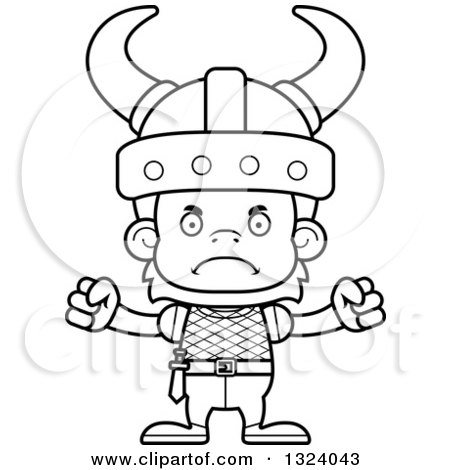 Lineart Clipart of a Cartoon Black and White Mad Orangutan Monkey Viking - Royalty Free Outline Vector Illustration by Cory Thoman