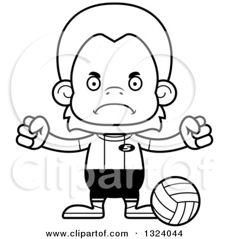 Lineart Clipart of a Cartoon Black and White Mad Orangutan Monkey Volleyball Player - Royalty Free Outline Vector Illustration by Cory Thoman