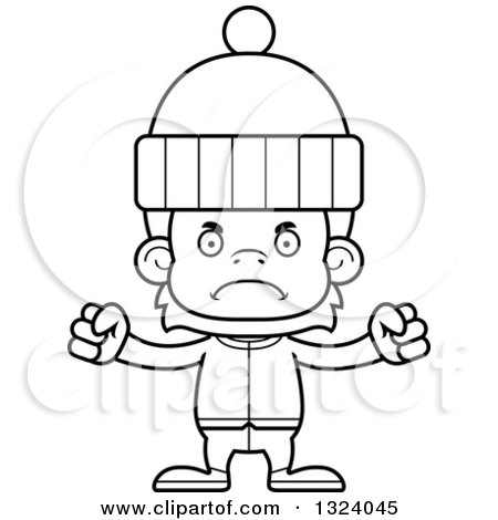 Lineart Clipart of a Cartoon Black and White Mad Orangutan Monkey in Winter Clothes - Royalty Free Outline Vector Illustration by Cory Thoman