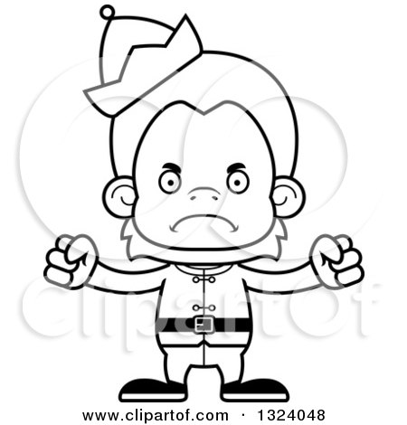 Lineart Clipart of a Cartoon Black and White Mad Christmas Elf Orangutan Monkey - Royalty Free Outline Vector Illustration by Cory Thoman