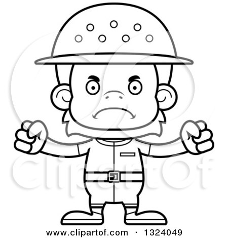 Lineart Clipart of a Cartoon Black and White Mad Orangutan Monkey Zookeeper - Royalty Free Outline Vector Illustration by Cory Thoman