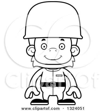Lineart Clipart of a Cartoon Black and White Happy Orangutan Monkey Soldier - Royalty Free Outline Vector Illustration by Cory Thoman