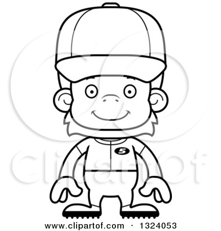 Lineart Clipart of a Cartoon Black and White Happy Orangutan Monkey Baseball Player - Royalty Free Outline Vector Illustration by Cory Thoman