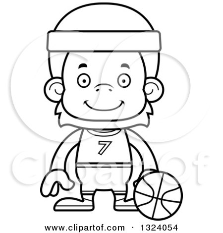 Lineart Clipart of a Cartoon Black and White Happy Orangutan Monkey Basketball Player - Royalty Free Outline Vector Illustration by Cory Thoman