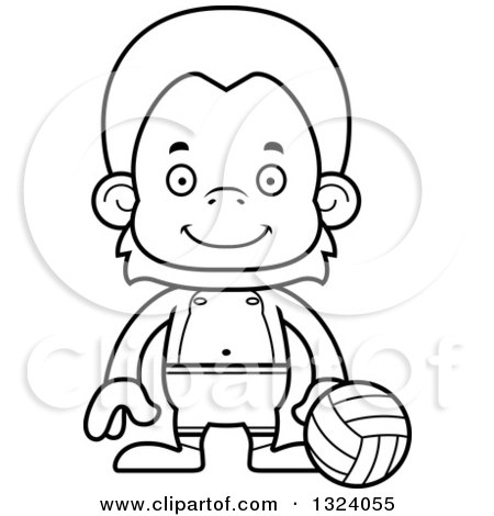 Lineart Clipart of a Cartoon Black and White Happy Orangutan Monkey Beach Volleyball Player - Royalty Free Outline Vector Illustration by Cory Thoman