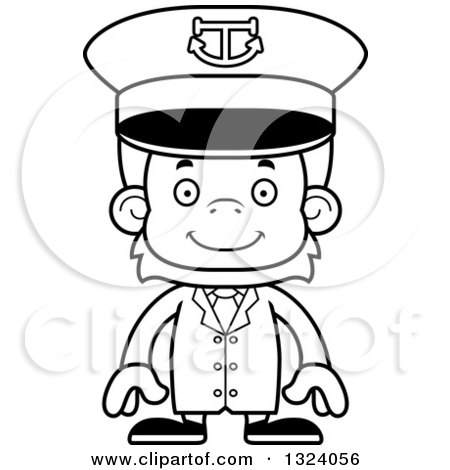 Lineart Clipart of a Cartoon Black and White Happy Orangutan Monkey Captain - Royalty Free Outline Vector Illustration by Cory Thoman