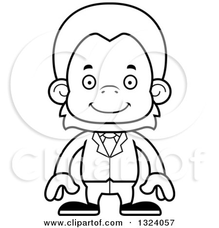 Lineart Clipart of a Cartoon Black and White Happy Orangutan Monkey Business Man - Royalty Free Outline Vector Illustration by Cory Thoman