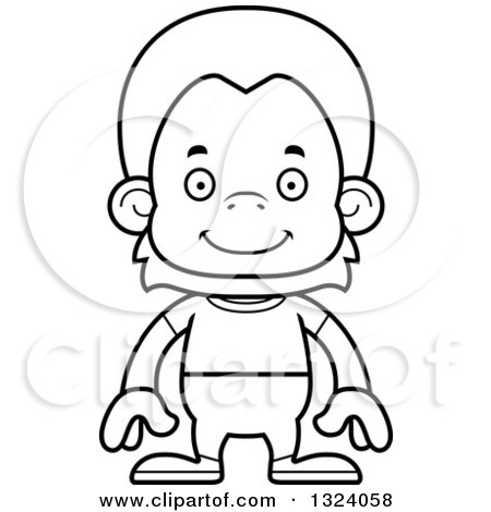 Lineart Clipart of a Cartoon Black and White Happy Casual Orangutan Monkey - Royalty Free Outline Vector Illustration by Cory Thoman