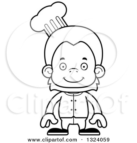 Lineart Clipart of a Cartoon Black and White Happy Orangutan Monkey Chef - Royalty Free Outline Vector Illustration by Cory Thoman