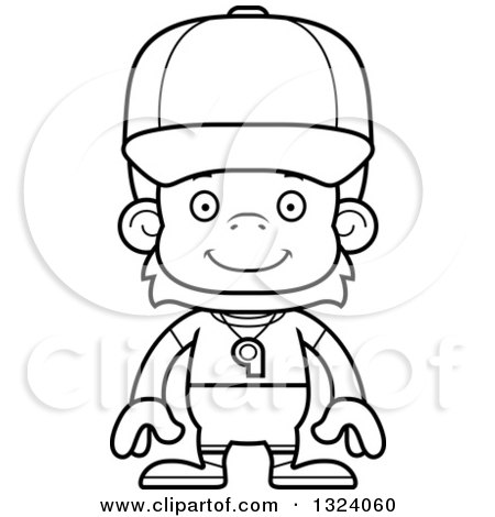 Lineart Clipart of a Cartoon Black and White Happy Orangutan Monkey Sports Coach - Royalty Free Outline Vector Illustration by Cory Thoman
