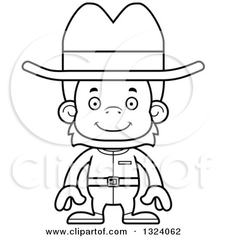 Lineart Clipart of a Cartoon Black and White Happy Cowboy Orangutan Monkey - Royalty Free Outline Vector Illustration by Cory Thoman