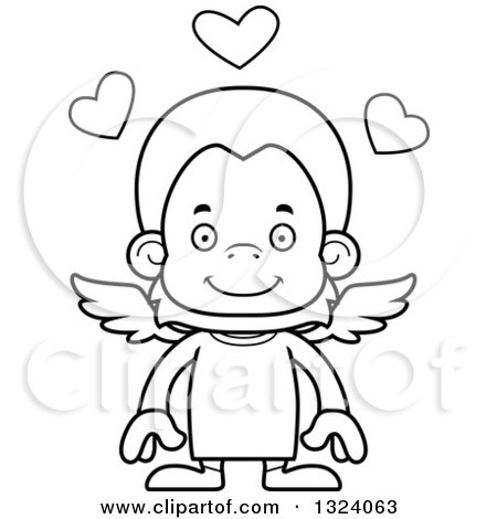 Lineart Clipart of a Cartoon Black and White Happy Orangutan Monkey Cupid - Royalty Free Outline Vector Illustration by Cory Thoman