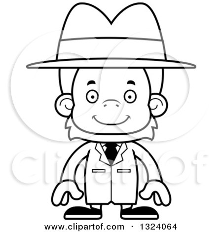 Lineart Clipart of a Cartoon Black and White Happy Orangutan Monkey Detective - Royalty Free Outline Vector Illustration by Cory Thoman