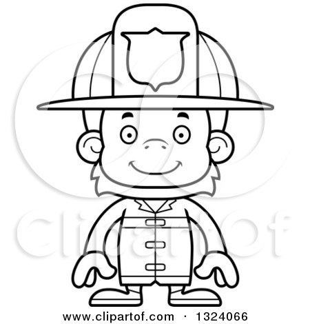Lineart Clipart of a Cartoon Black and White Happy Orangutan Monkey Firefighter - Royalty Free Outline Vector Illustration by Cory Thoman