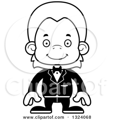 Lineart Clipart of a Cartoon Black and White Happy Orangutan Monkey Groom - Royalty Free Outline Vector Illustration by Cory Thoman
