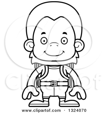 Lineart Clipart of a Cartoon Black and White Happy Orangutan Monkey Hiker - Royalty Free Outline Vector Illustration by Cory Thoman
