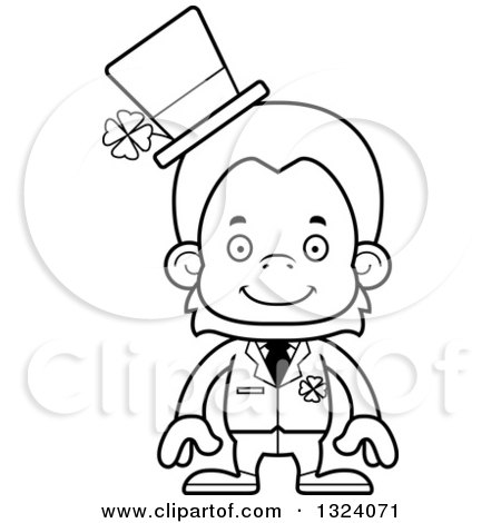 Lineart Clipart of a Cartoon Black and White Happy St Patricks Day Orangutan Monkey - Royalty Free Outline Vector Illustration by Cory Thoman