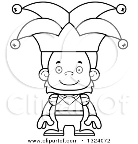 Lineart Clipart of a Cartoon Black and White Happy Orangutan Monkey Jester - Royalty Free Outline Vector Illustration by Cory Thoman