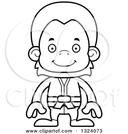 Lineart Clipart of a Cartoon Black and White Happy Karate Orangutan Monkey - Royalty Free Outline Vector Illustration by Cory Thoman