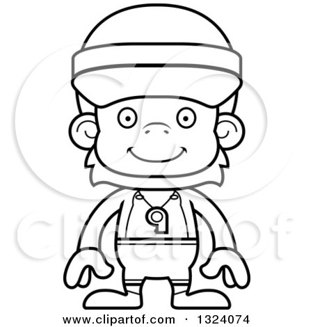 Lineart Clipart of a Cartoon Black and White Happy Orangutan Monkey Lifeguard - Royalty Free Outline Vector Illustration by Cory Thoman