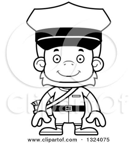Lineart Clipart of a Cartoon Black and White Happy Orangutan Monkey Mailman - Royalty Free Outline Vector Illustration by Cory Thoman