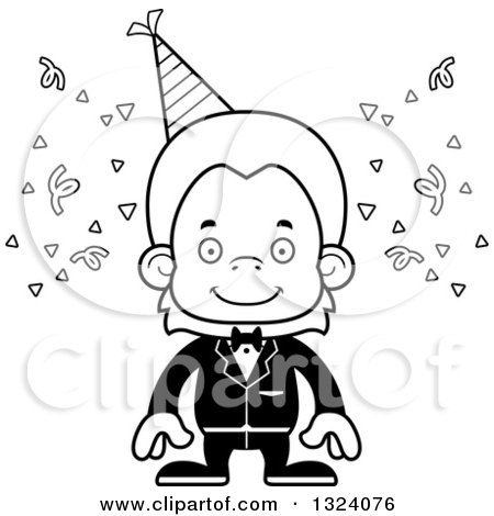 Lineart Clipart of a Cartoon Black and White Happy Orangutan Party Monkey - Royalty Free Outline Vector Illustration by Cory Thoman