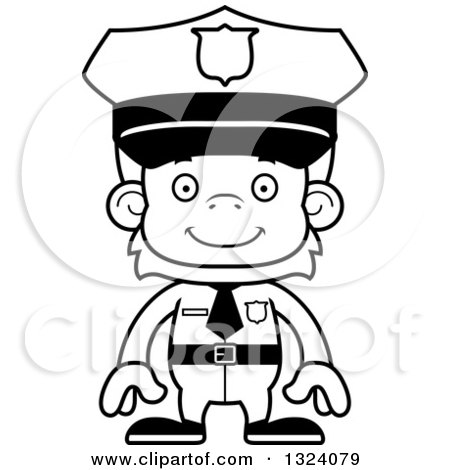 Lineart Clipart of a Cartoon Black and White Happy Orangutan Monkey Police Officer - Royalty Free Outline Vector Illustration by Cory Thoman