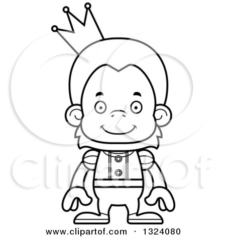 Lineart Clipart of a Cartoon Black and White Happy Orangutan Monkey Prince - Royalty Free Outline Vector Illustration by Cory Thoman