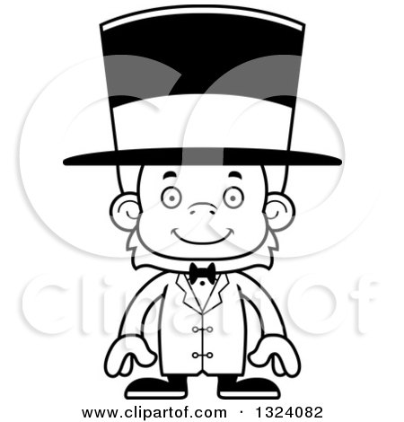 Lineart Clipart of a Cartoon Black and White Happy Orangutan Monkey Circus Ringmaster - Royalty Free Outline Vector Illustration by Cory Thoman