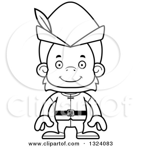 Lineart Clipart of a Cartoon Black and White Happy Robin Hood Orangutan Monkey - Royalty Free Outline Vector Illustration by Cory Thoman
