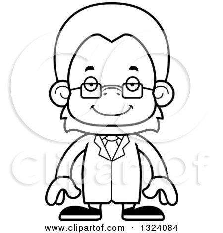 Lineart Clipart of a Cartoon Black and White Happy Orangutan Monkey Scientist - Royalty Free Outline Vector Illustration by Cory Thoman